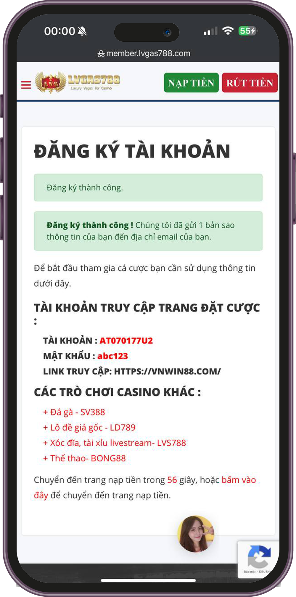 Thông báo đăng ký tài khoản LVG788 thành công